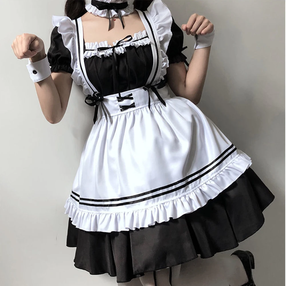 Trajes de empregada Lolita preto e branco para meninas, mulheres linda empregada, traje cosplay de Halloween, roupa doce japonesa, roupas de vestido, fofo