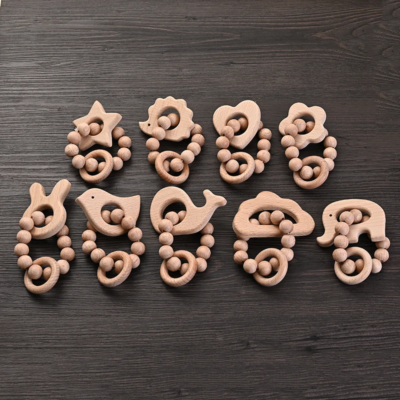 1Pcs Baby Wooden Teether Ring Food Grade Cartoon Animal Rattle Bracelet For Wooden Round Bead Baby Bracelet Teething Care Toys