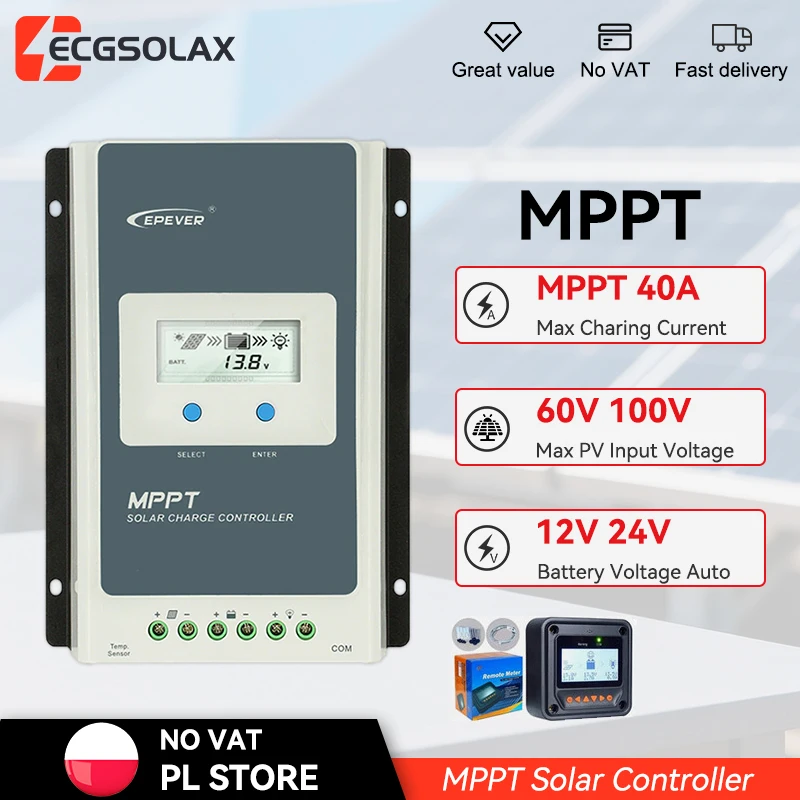 Regolatore di Carica Solare MPPT Serie Tracer 40A di Epever con Display LCD, Regolatore Solare 12V 24V, Identificazione Automatica della Tensione, Alte Prestazioni