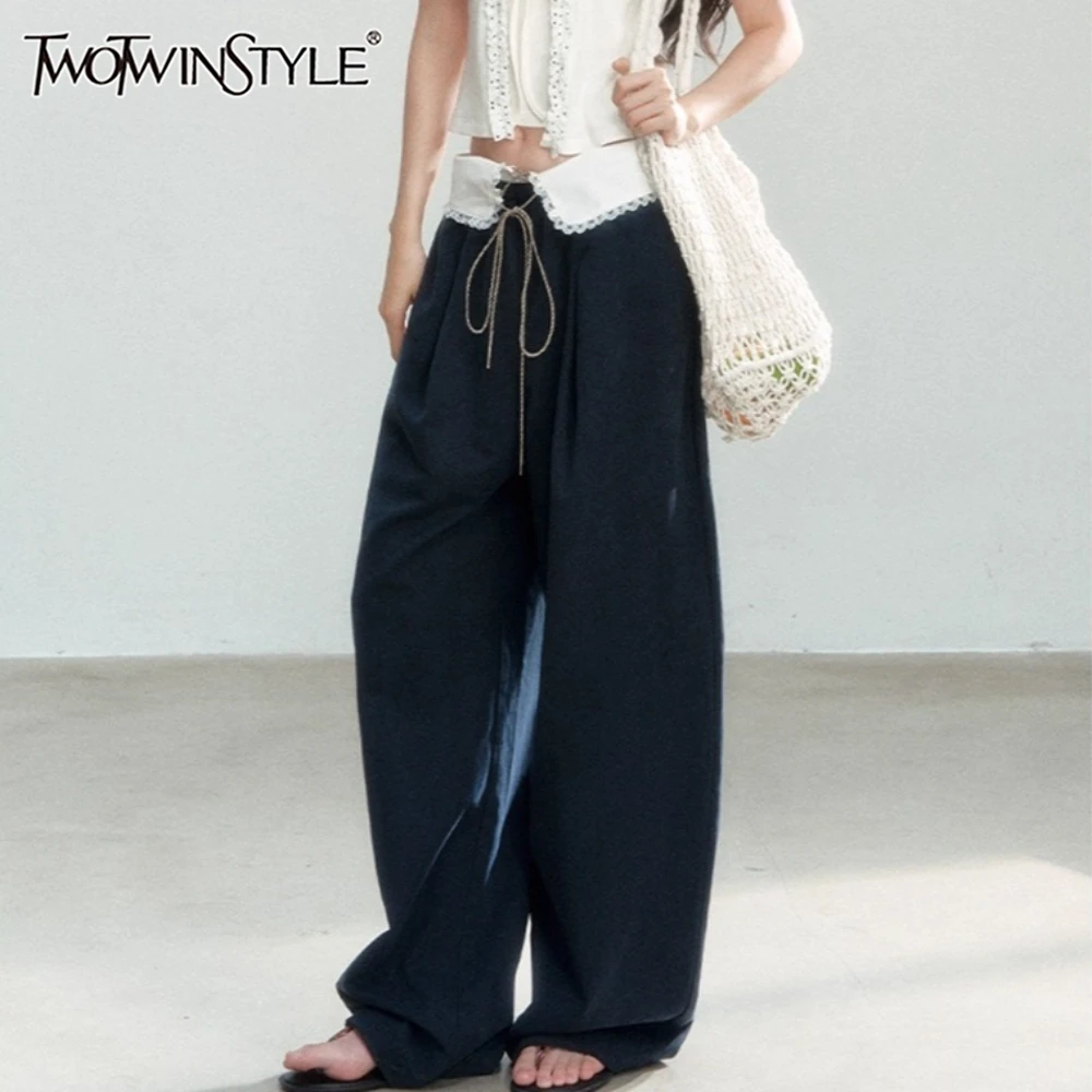 TWOTWINSTYLE Blue Spliced Lace Chic Trousers Female High Waist Loose Korean Minimalist Women's Wide Leg Pants Autumn New Fashion