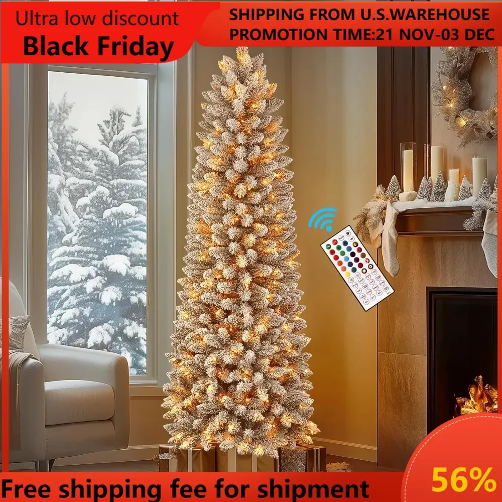 

6ft Prelit Snow Flocked Artificial Hinged Slim Pencil Christmas Tree, with Remote Controlled Multi-Color RGB Lights, Full Branch