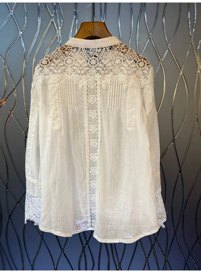 100%Cotton Blouse 2022 Spring Summer Fashion White Blouses Women Crochet Lace Embroidery Patchwork Long Sleeve Loose Tops Female