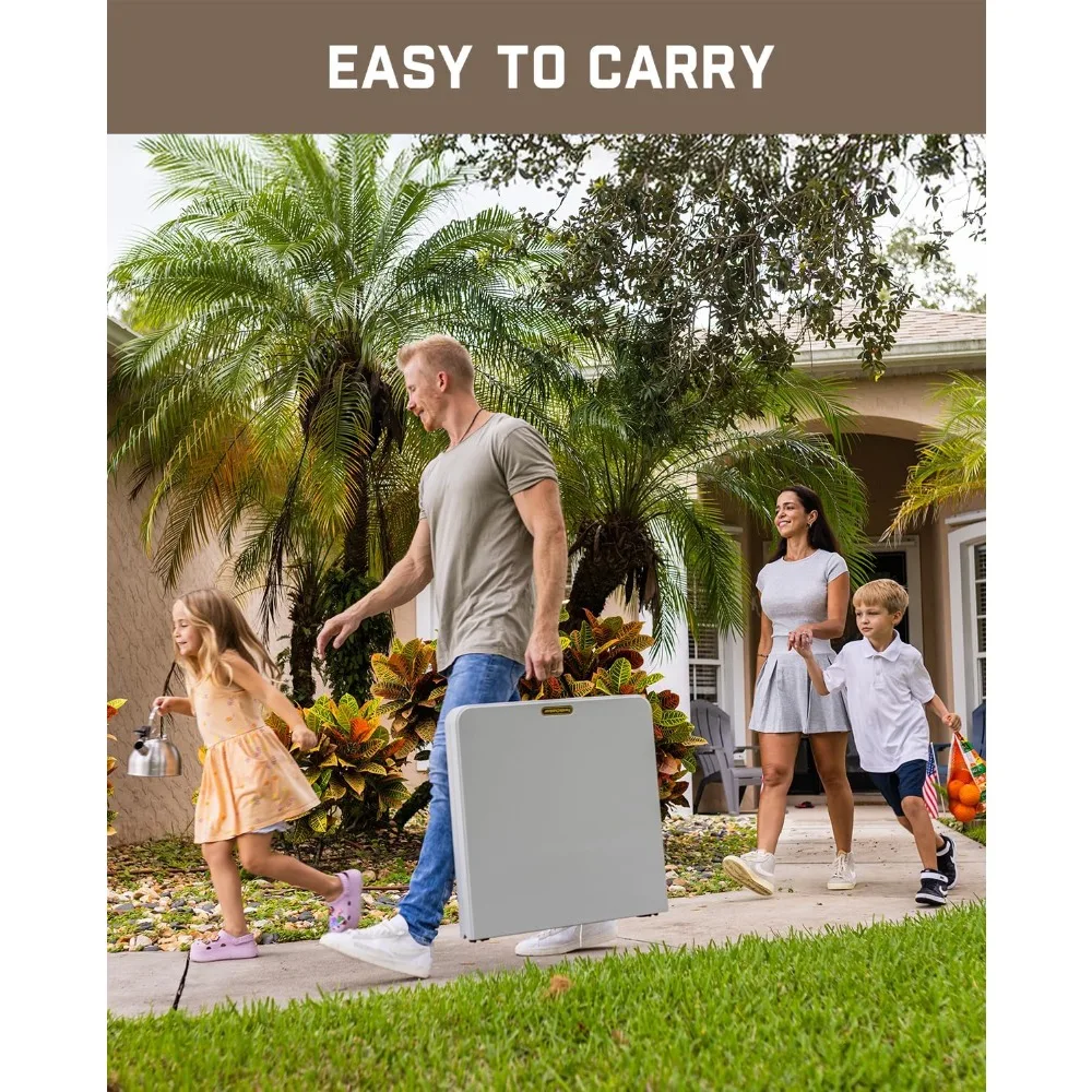 

4ft Portable Folding Table, One-Handed Height Adjustment, 4 Heights, Gravity Lock, Carry Handle, Indoor Outdoor Heavy Duty