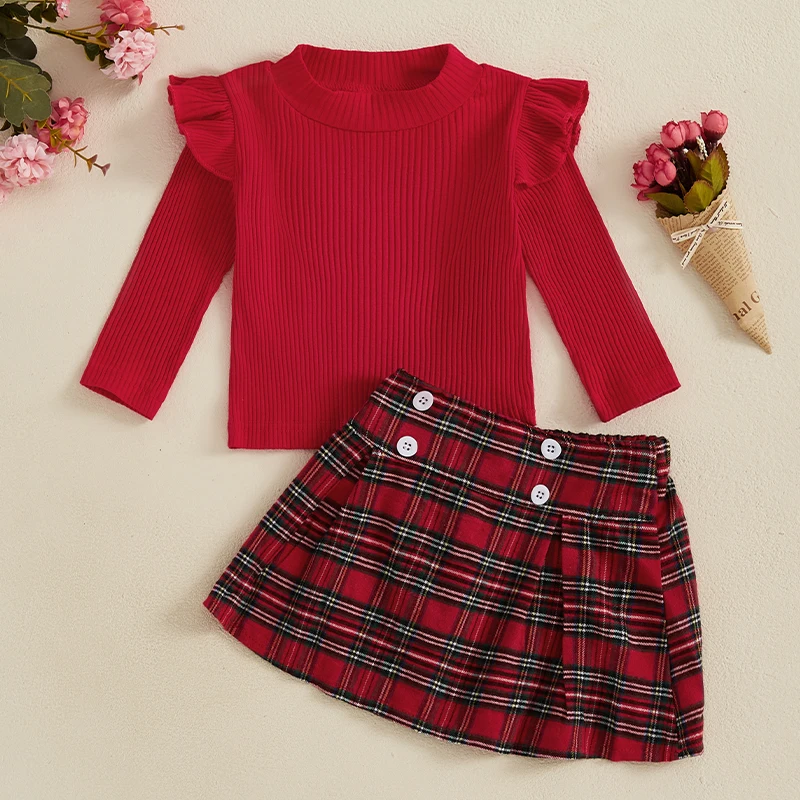 Conjunto de 2 piezas para niñas de 1 a 5 años, camisa acanalada de manga larga con volantes y minifalda a cuadros para niños pequeños, otoño y primavera