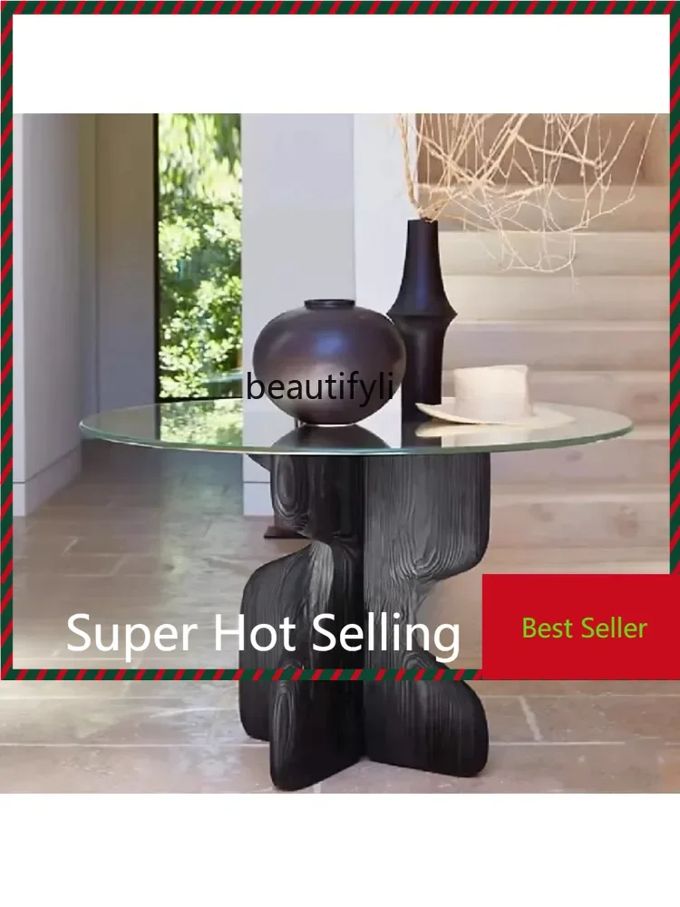 

G1218 Nordic solid wood dining table French round glass elegant retro wabi wind coffee table simple designer desk