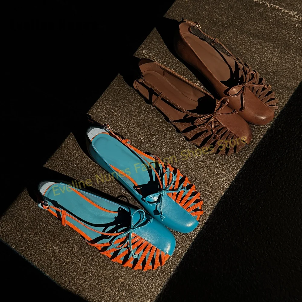 Women Blue Orange Cutout Pumps Square Toe Chunky Heels Bow Ankle Buckle Retro Summer Beach Daily Casual Sandals 2026 New Arrival - view 5