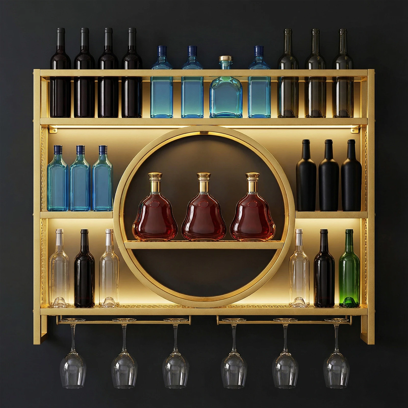 

Wall Bar Cabinet Mini Bar Metal Wine Rack Wall Mounted 3 Tier with LED Light with Wine Glass Holder for Home Bar & Dining Room