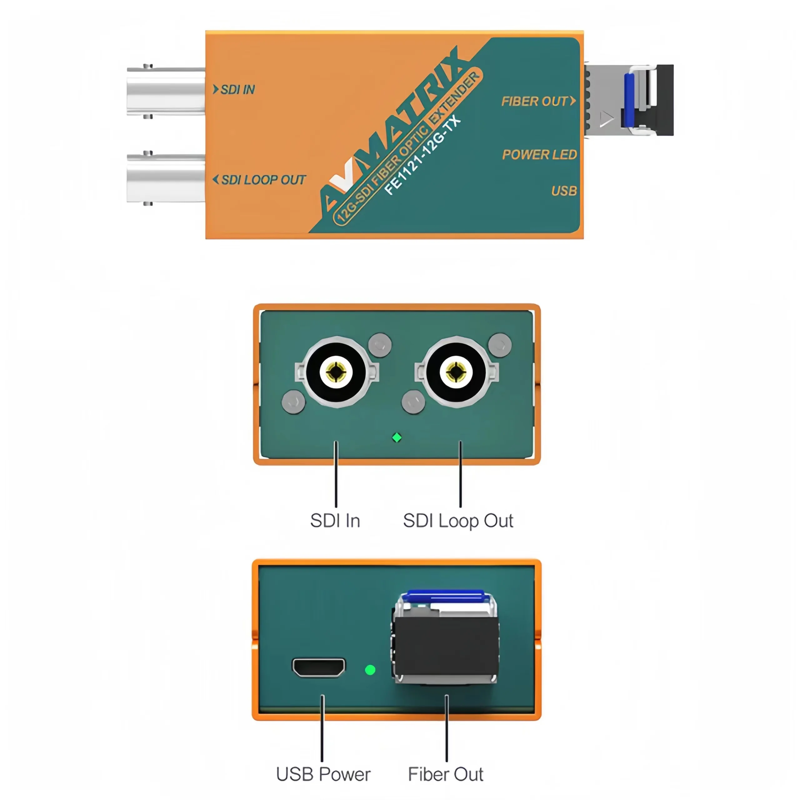 AVMATRIX FE1121 12G Fiber Optic Extender 10km 12G/6G/3G-SDI Input & loopout On Transmitter Dual 12G-SDI Outputs on Receiver