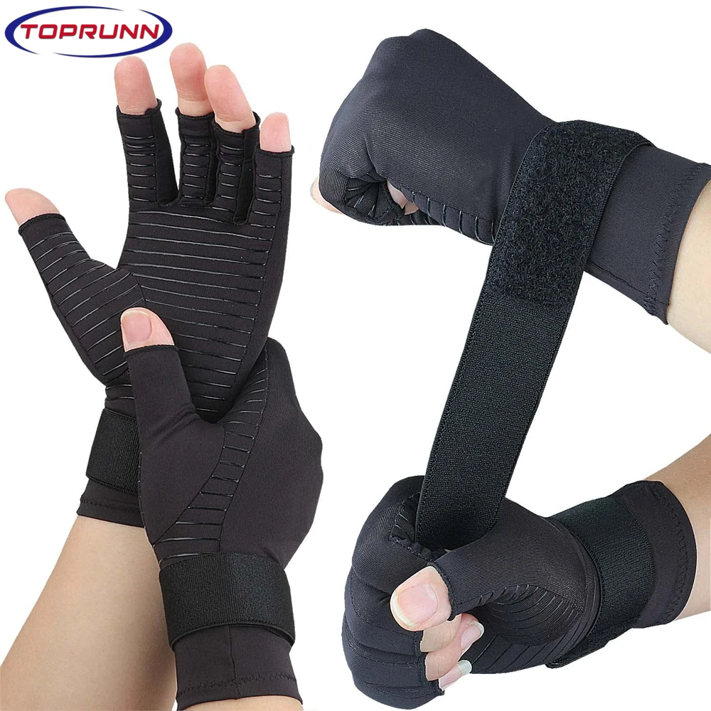 1Pair Copper Compression Arthritis Gloves with Strap,Fingerless Glove Hand Wrist Support for Carpal Tunnel,Arthritis,Tendonitis