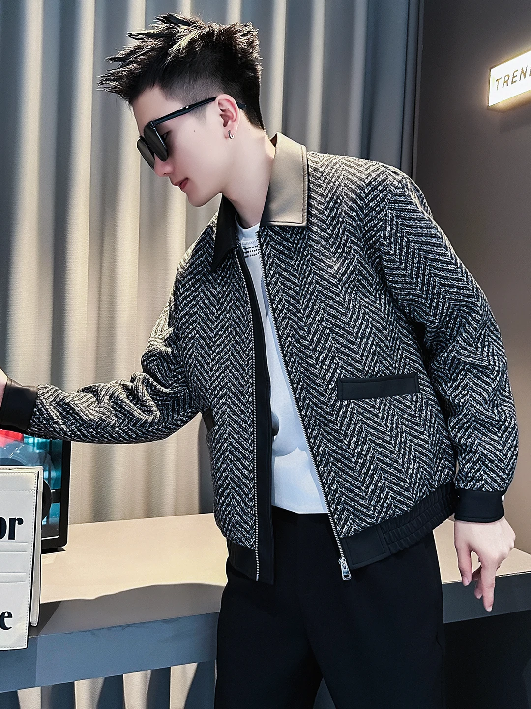 

Men's Casual Woolen Patchwork Leather Jaet Sli Brand Spring Autumn Outerwear Warm Long Sve Zipper Closure Coat