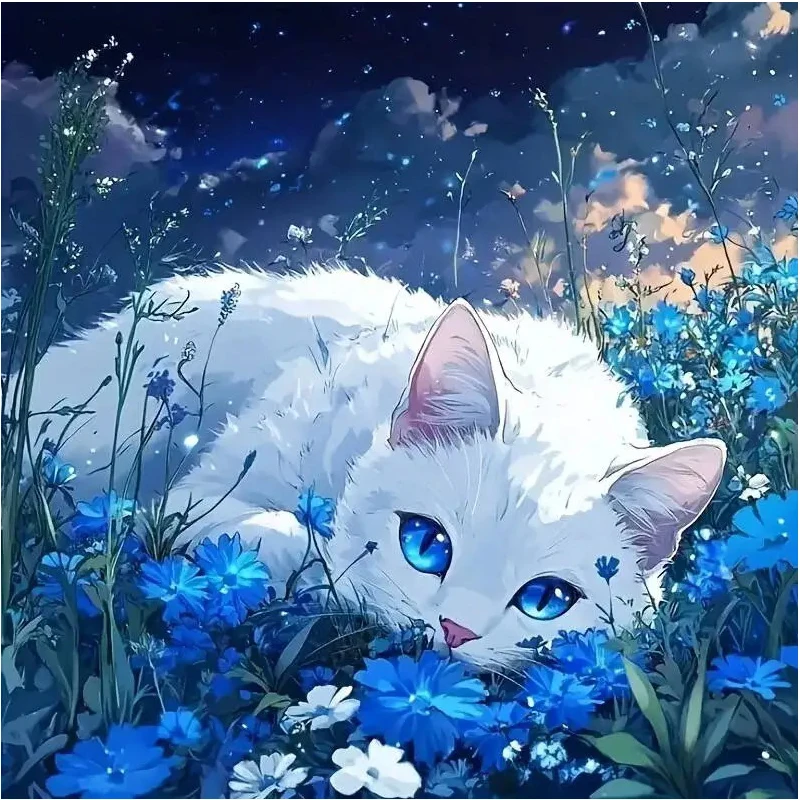 

White Cat and Blue Flowers 5D Diamond Painting Full Diamond Art Embroidery Hotel Office Home Decor DIY Diamond Cross Stitch Kits