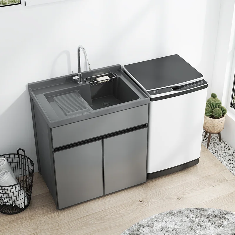 Balcony Washing Machine Cabinet  Modern Simple Trough with Washboard Space Aluminum Cupboard with Towel Bar