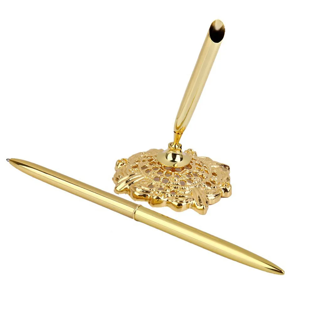 

Wedding Guest Book Pen Golden 16Cm Hollow Holder Bridal Signing Pen 360 Degree Rotation Alloy Rotating Desk Accessory