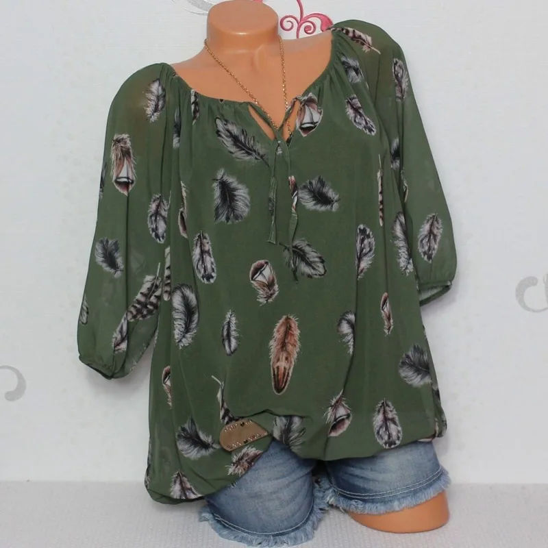 Blusa informal con estampado de plumas para verano, camisa Sexy de gasa con cuello en V para mujer, 2024