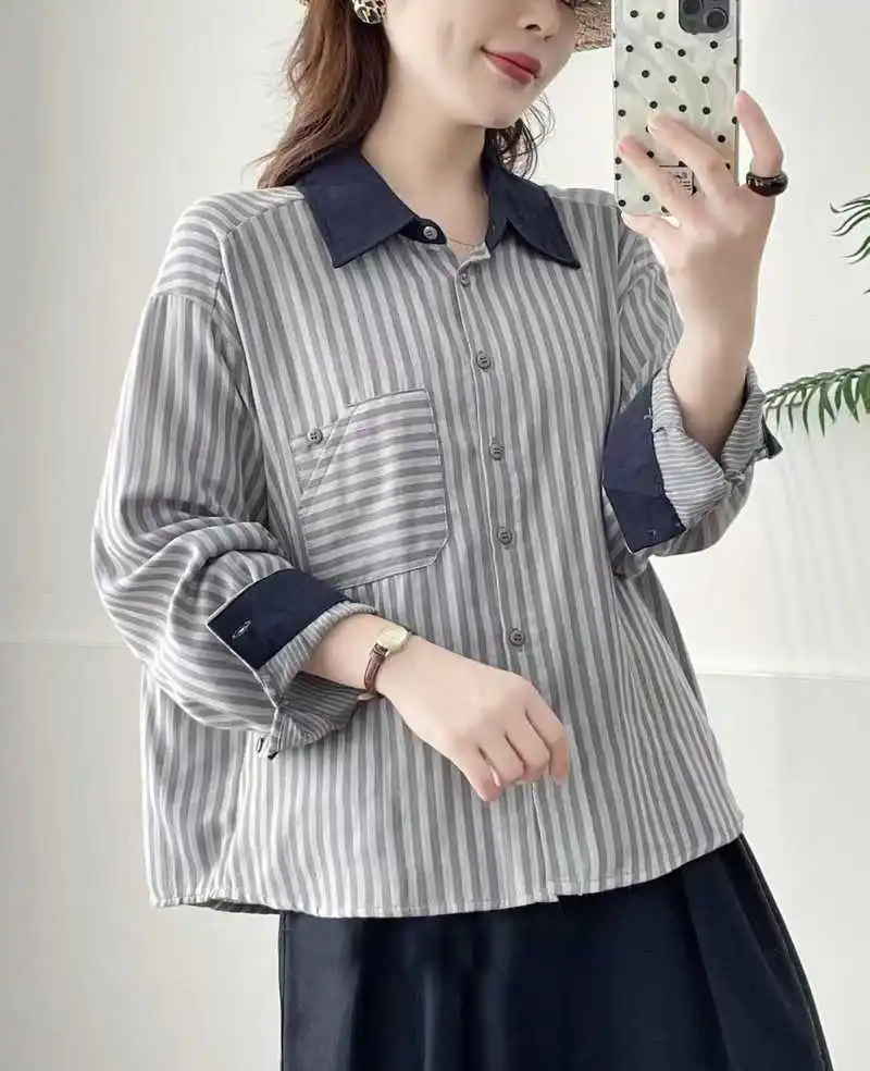 اليابانية خمر موري فتاة مخطط المرقعة قمصان النساء الخريف جديد رفض طوق كم طويل بلوزة فضفاضة غير رسمية القمم