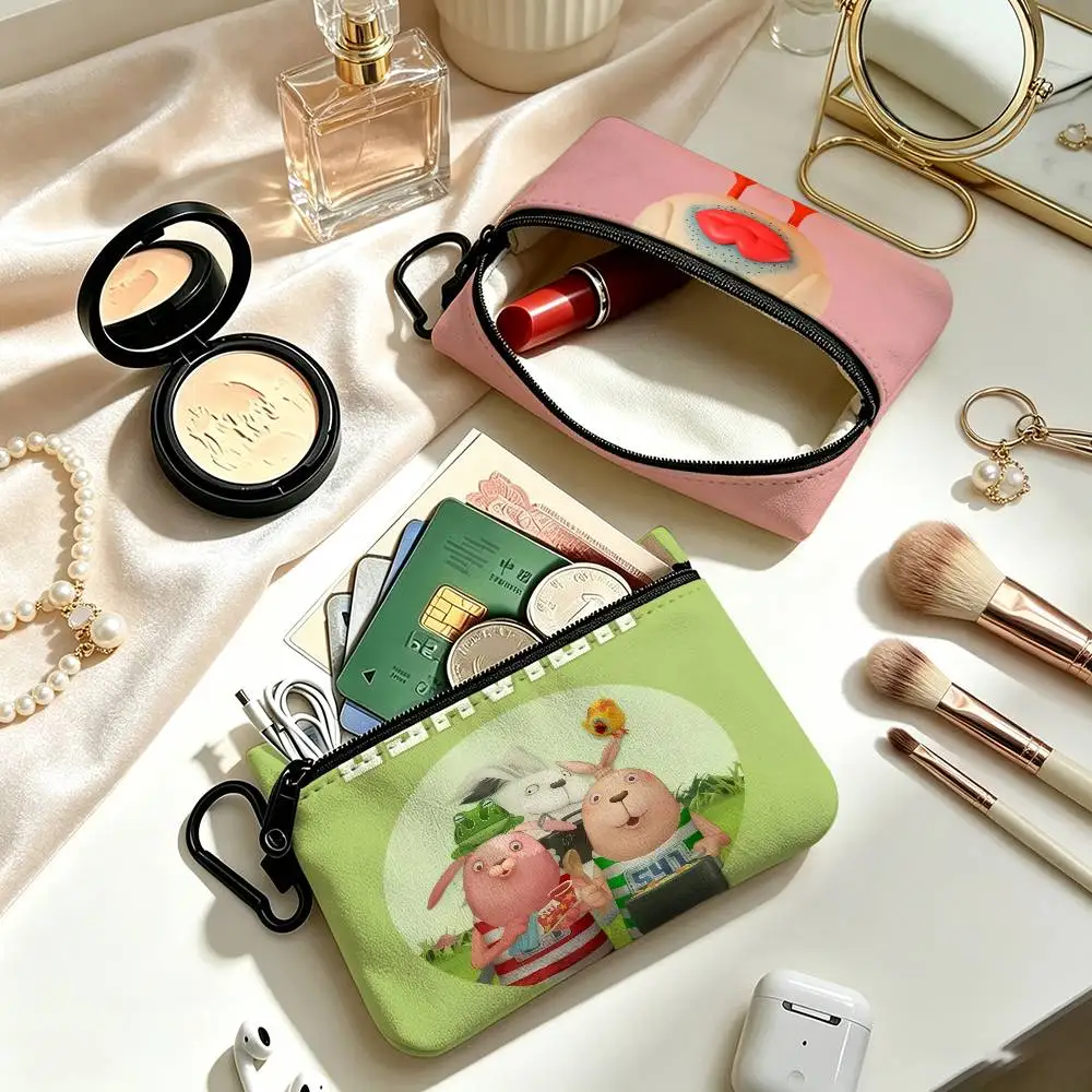 USAVICH Cartoon Customizable  Cloth Coin Purse With Carabiner Hook Portable Key Card Wallet Small Zipper Storage Pouch