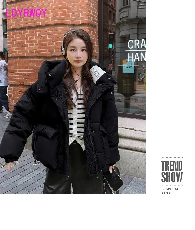 Green hooded down jacket for women 2023 winter new loose and warm small bread jacket jacket