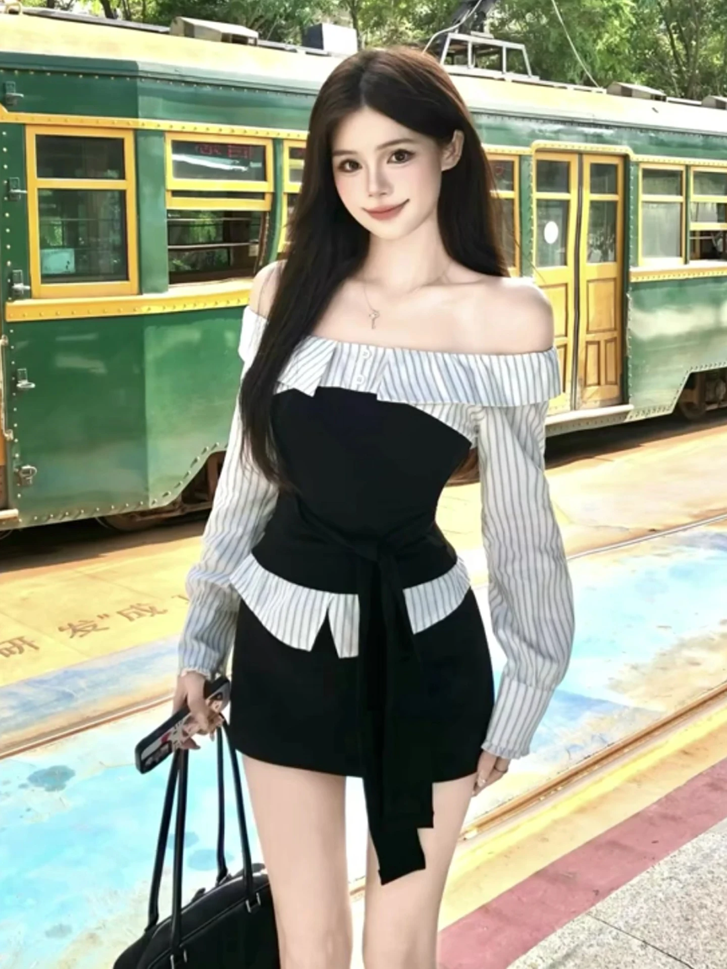 

Striped Patchwork Shirt And Skirt Set Women's Fashion Slim Fit High Waist Bicolor One Shoulder Shirt Style Autumn Collection
