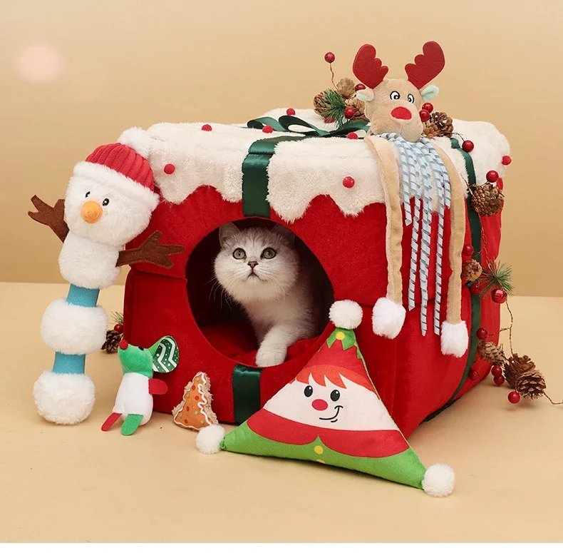 Large Space Gift Box Christmas Cat Litter One Litter Dual-purpose Square Pet Litter Fully Enclosed Winter Puppy Litter Cat House