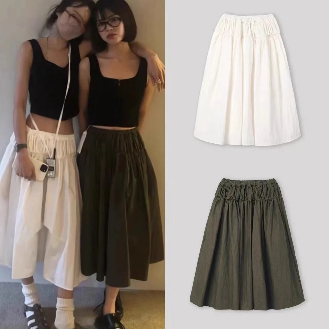 

Плиссированная юбка-зонтик с высокой талией и эластичной резинкой на талии, пышная юбка, корейская юбка-миди, однотонная смесь хлопка