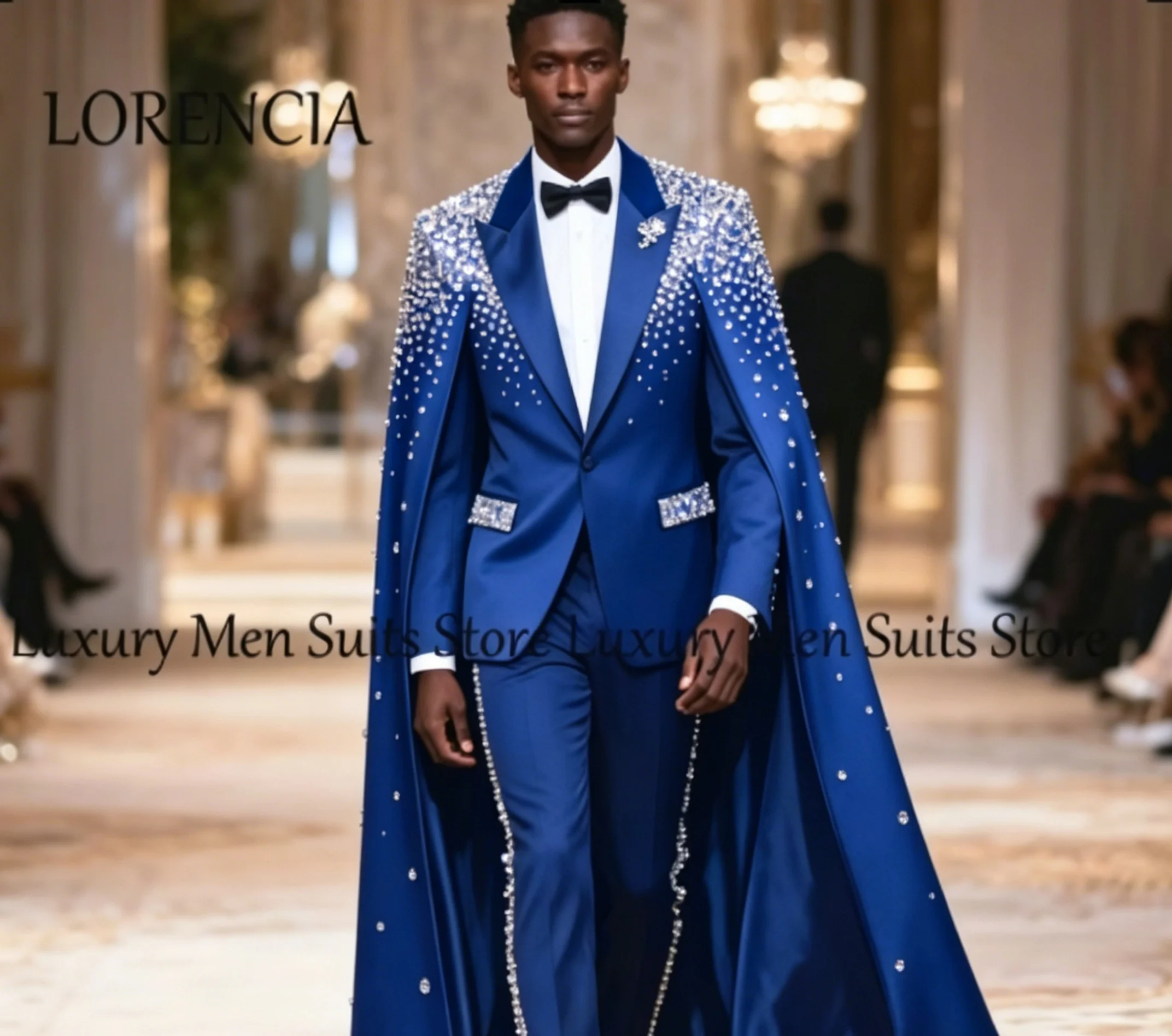 Luxe Diamant Mannen Pakken 2 Stuks Fonkelende Kristallen Smoking Met Mantel Bruiloft Outfit Aangepaste Blazer Broek Kostuums Homme