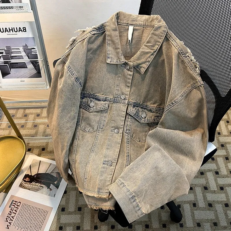 

Retro American Denim Jaet Men's Autumn 2025 New Loose Versatile Waed Hole Open Cardigan Trendy Top Button Decoration