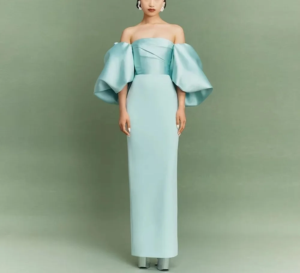 Satin Pink Strapless Puffy Short Sleeves Sheath Evening Dresses Ankle Length Split Prom Dresses Customized vestidos de fiestah