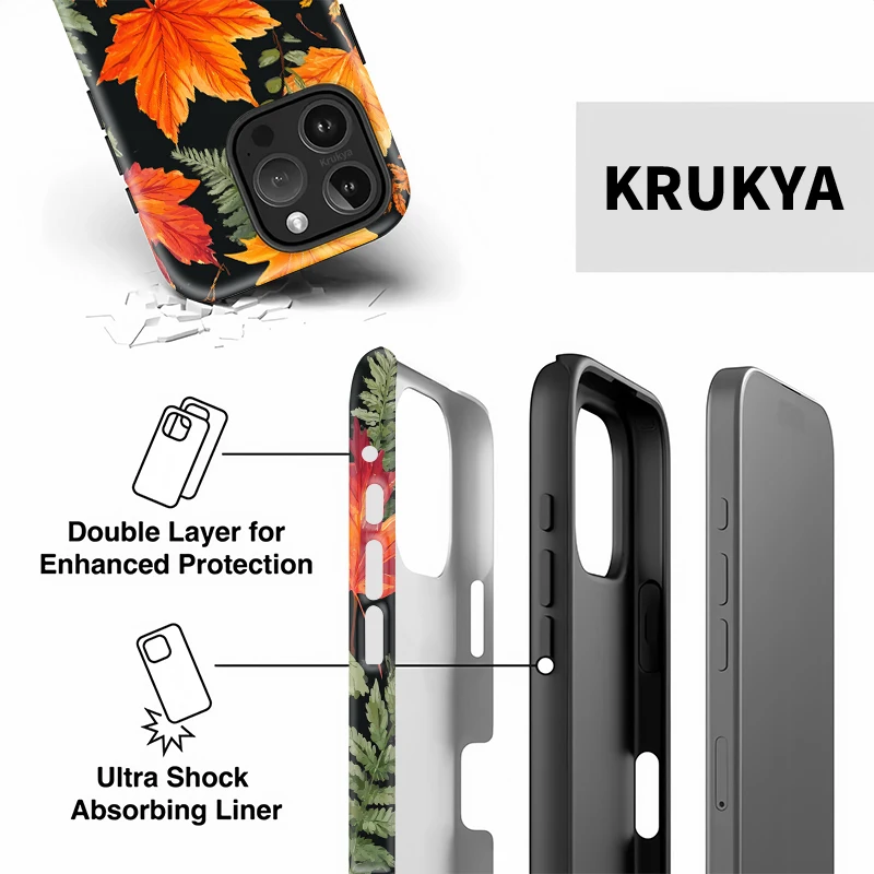 Casing HP Motif Daun Krukya Untuk iPhone 16 Pro Max 17 Air 15 14 13 12 11 XS XR X 15Plus SE 2020 Penutup Akrilik Lapis Ganda
