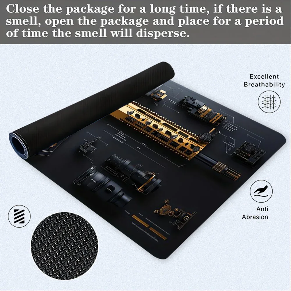 แผ่นรองเมาส์ลายปืนยุทธวิธี ขนาดใหญ่ อุปกรณ์เสริมสำหรับโต๊ะทำงาน แผ่นรองโต๊ะฐานยางพร้อมขอบเย็บ แผ่นรองเมาส์กันลื่นสำหรับสำนักงาน