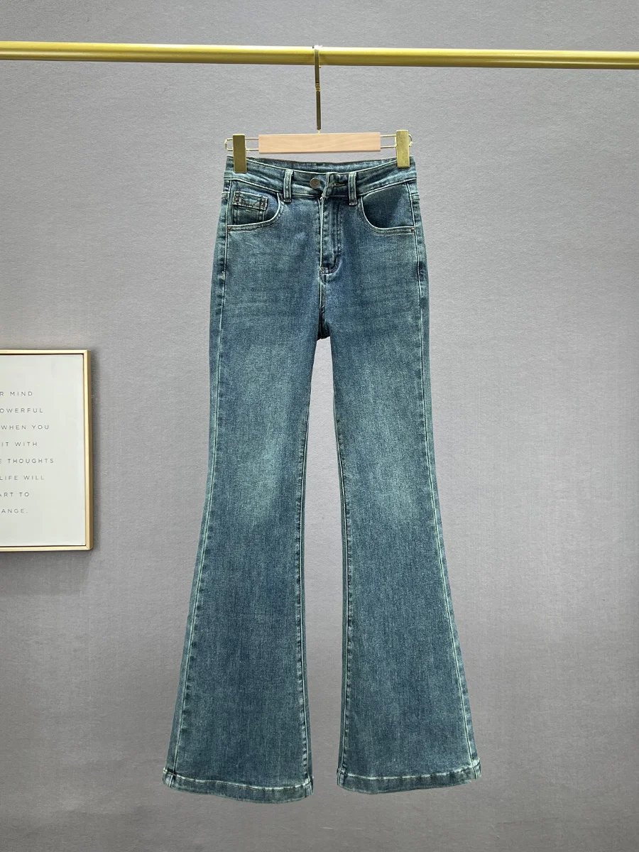 

Trendy High Waist Slim Fit Denim Bell Bot Pants Women's Stretchy Faded Long Jeans Cotton Elastic Autumn New Arrival