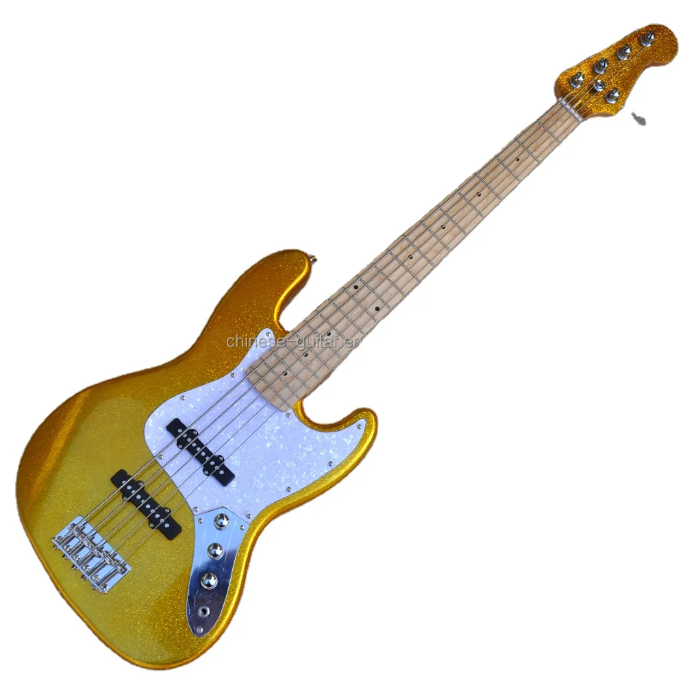 Flyoung Factory Custom Electric Bass Guitar Shiny Particles Gold Bass 5 Strings Bass