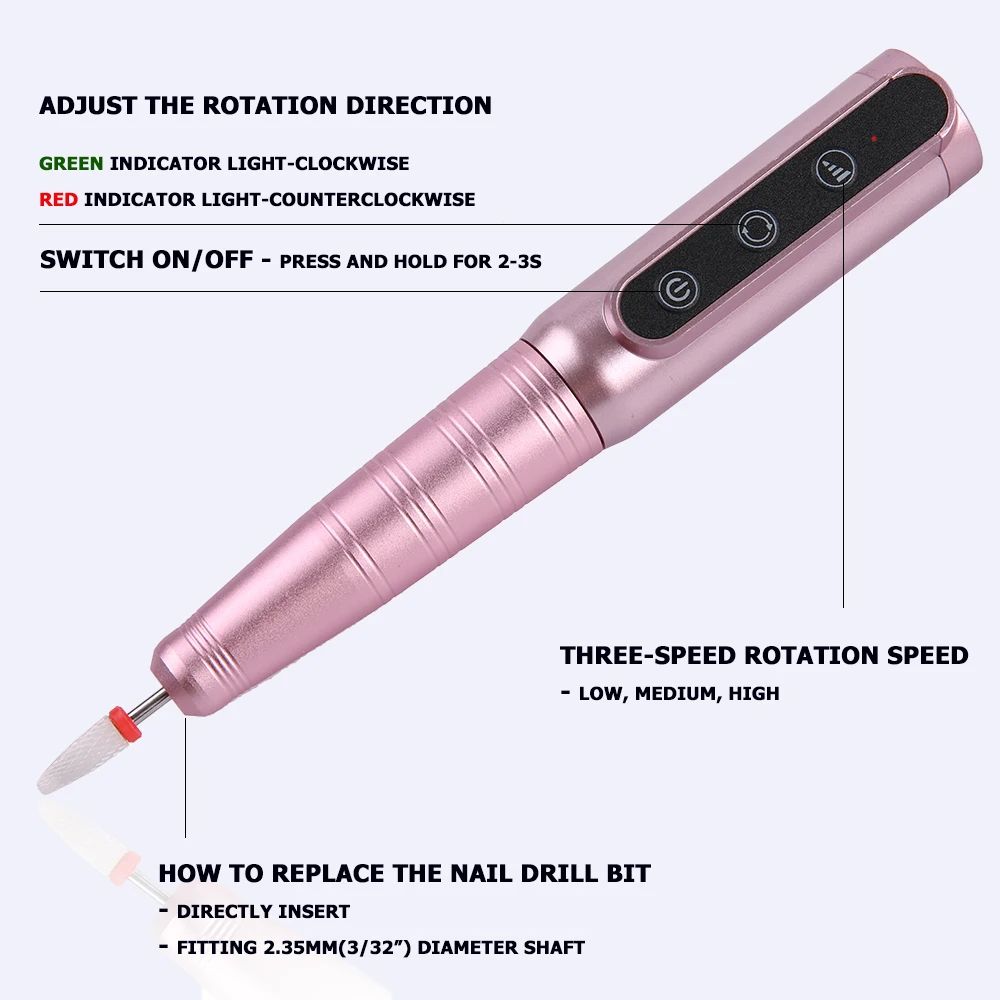 เครื่องเจาะเล็บ, ปากกาตะไบเล็บไฟฟ้าแบบชาร์จไฟได้ไร้สายเครื่องมือแต่งเล็บแบบพกพาพร้อมบิตเซรามิกสำหรับเล็บ, ร้านเสริมสวยและใช้ในบ้าน