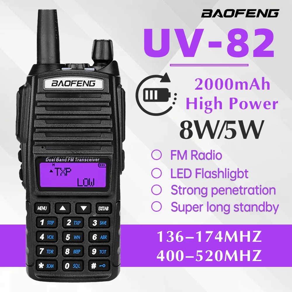 

Рация Baofeng UV82 5Вт/8Вт с высокой мощностью, двойным PPT-управлением, для дальней связи, использования на открытом воздухе, спасательных операций и автопутешествий.