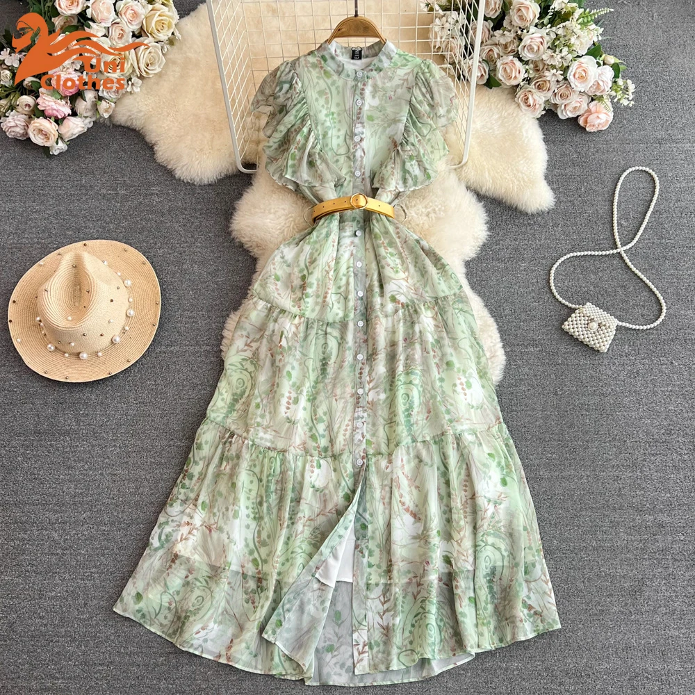 

UNI Women's Vintage Midi Shirt Dress Summer Sleeveless Retro Print Belt Ladies Midi Vestidos Party Dresses