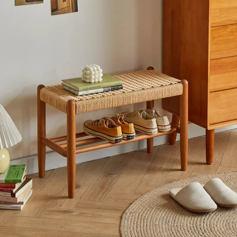 Bangku Sepatu Kayu Solid Nordic Bangku Ujung Tempat Tidur Anyaman Tali Jepang Kursi Penyimpanan Panjang Pintu Masuk Ottoman Buatan Tangan Minimalis