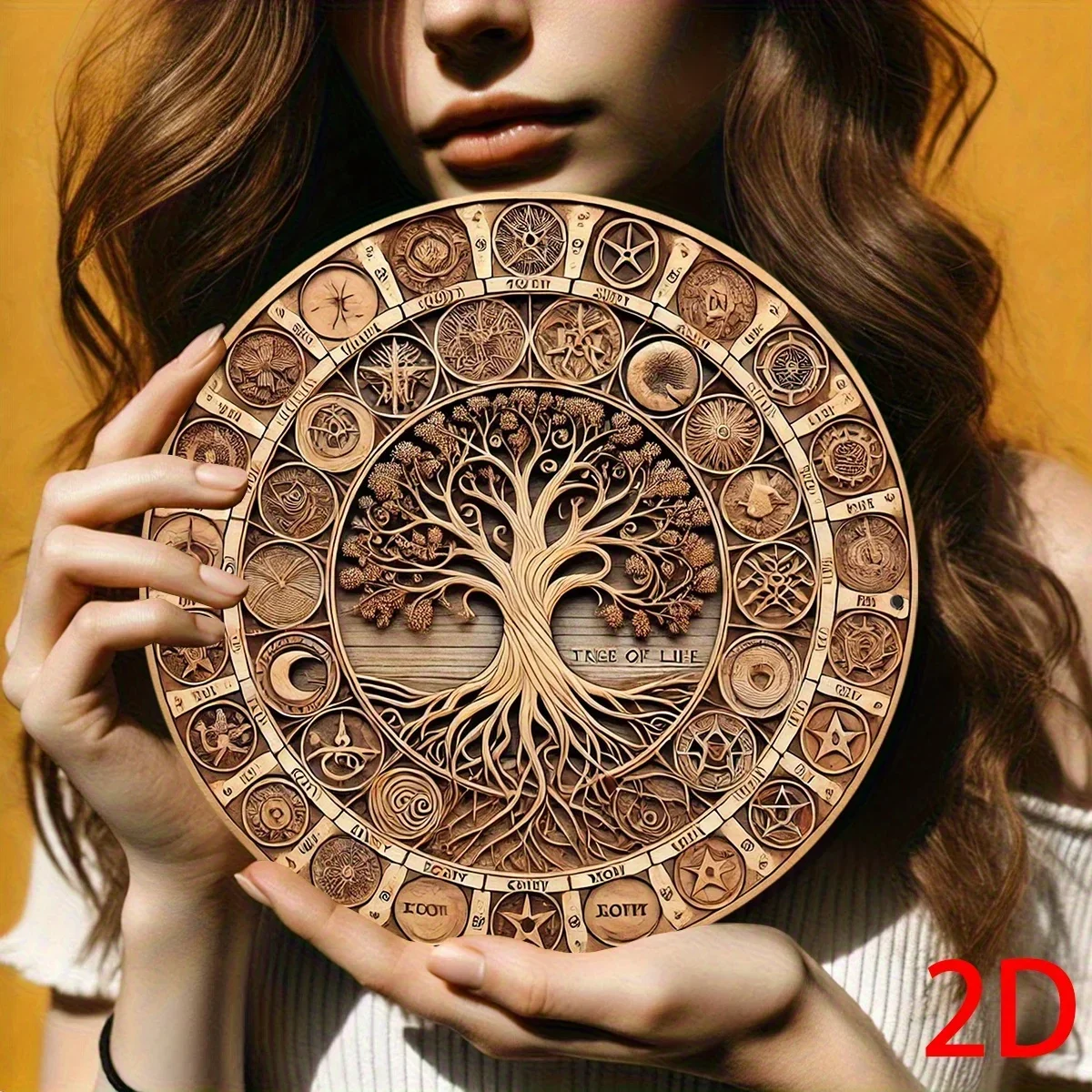 2D Flat, 1pc Tree of Life Wooden Wall Art Decor - Circular Regenerated Wood Wall Hanging with Intricate Symbols, Classic Home De