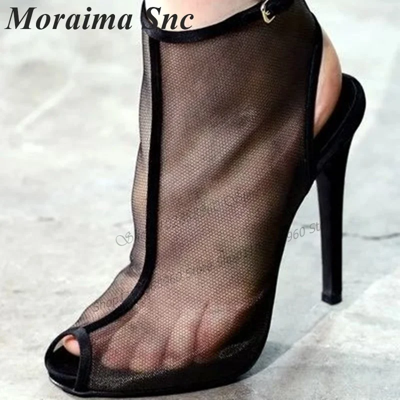 

Black Air Mesh Sexy Style Sandals Cut Heel Thin High Heel Women Shoes Side Zipper Peep Toe 2023 Fashionable Zapatos Para Mujere