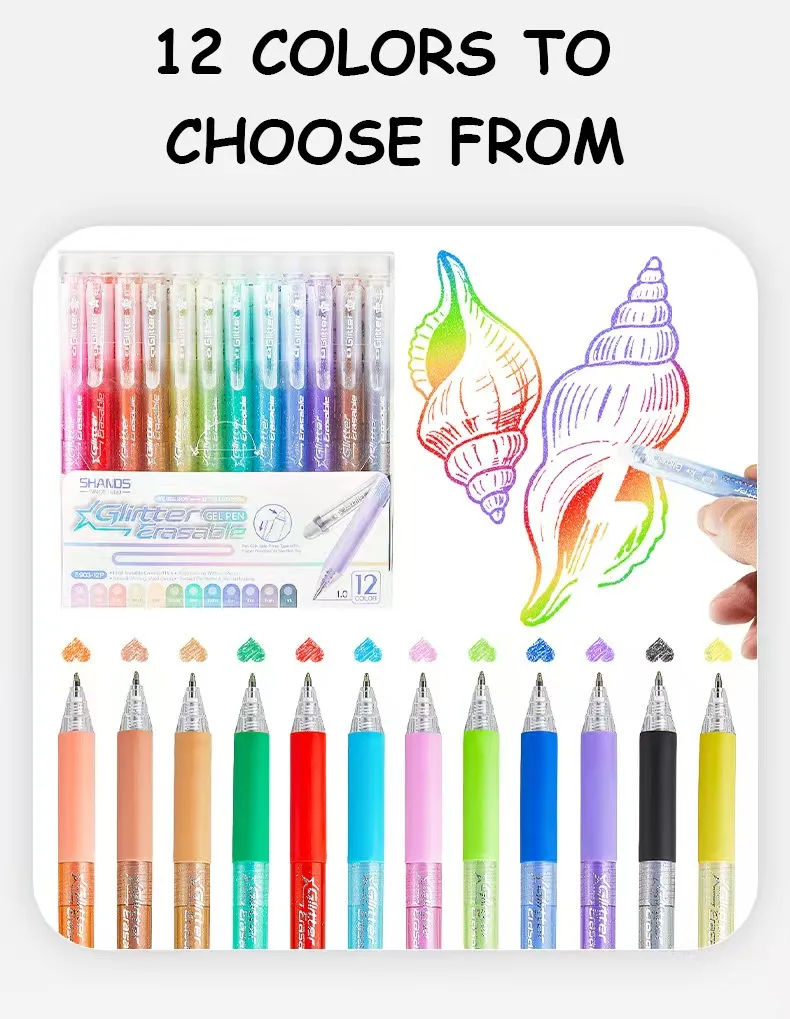 12 color press flash erasable neutral pen for DIY painting, graffiti, quick drying, thermal sensitive, easy to wipe pen