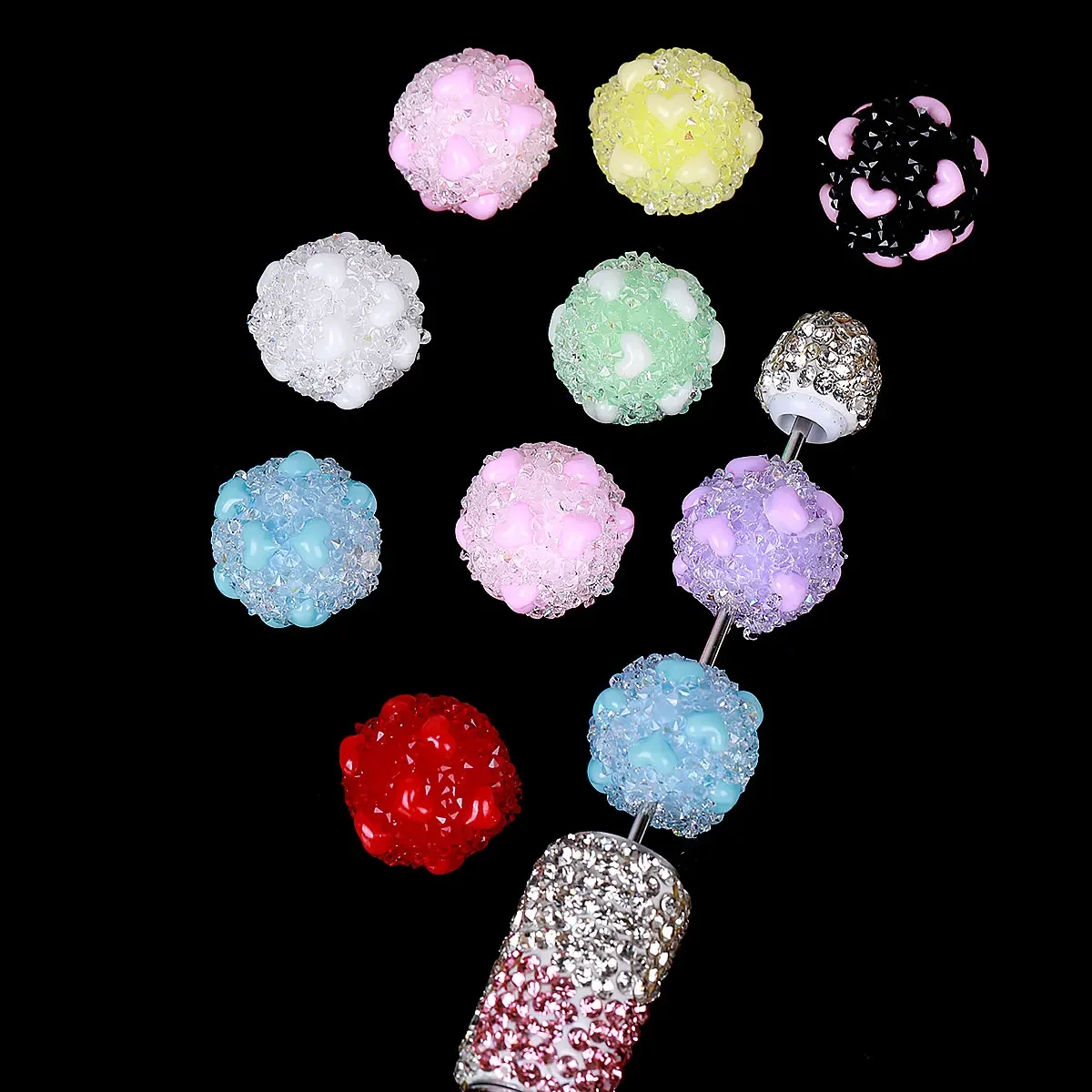 5pcs/10pcs Random Color Heart Granulated Rhinestone Acrylic Beads For Jewelry Making DIY Suitable For Bracelets Key Chain
