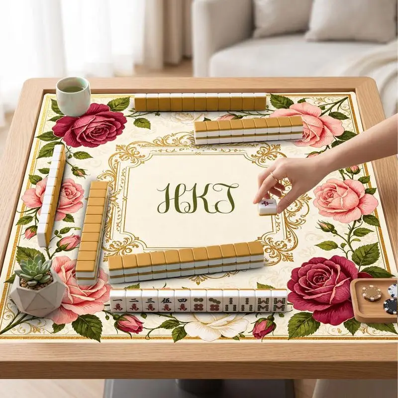VIKAMA Vintage Golden Frame Rose Mahjong Mat Shock Absorb Noise Reducing American Monogram Game Table Cover
