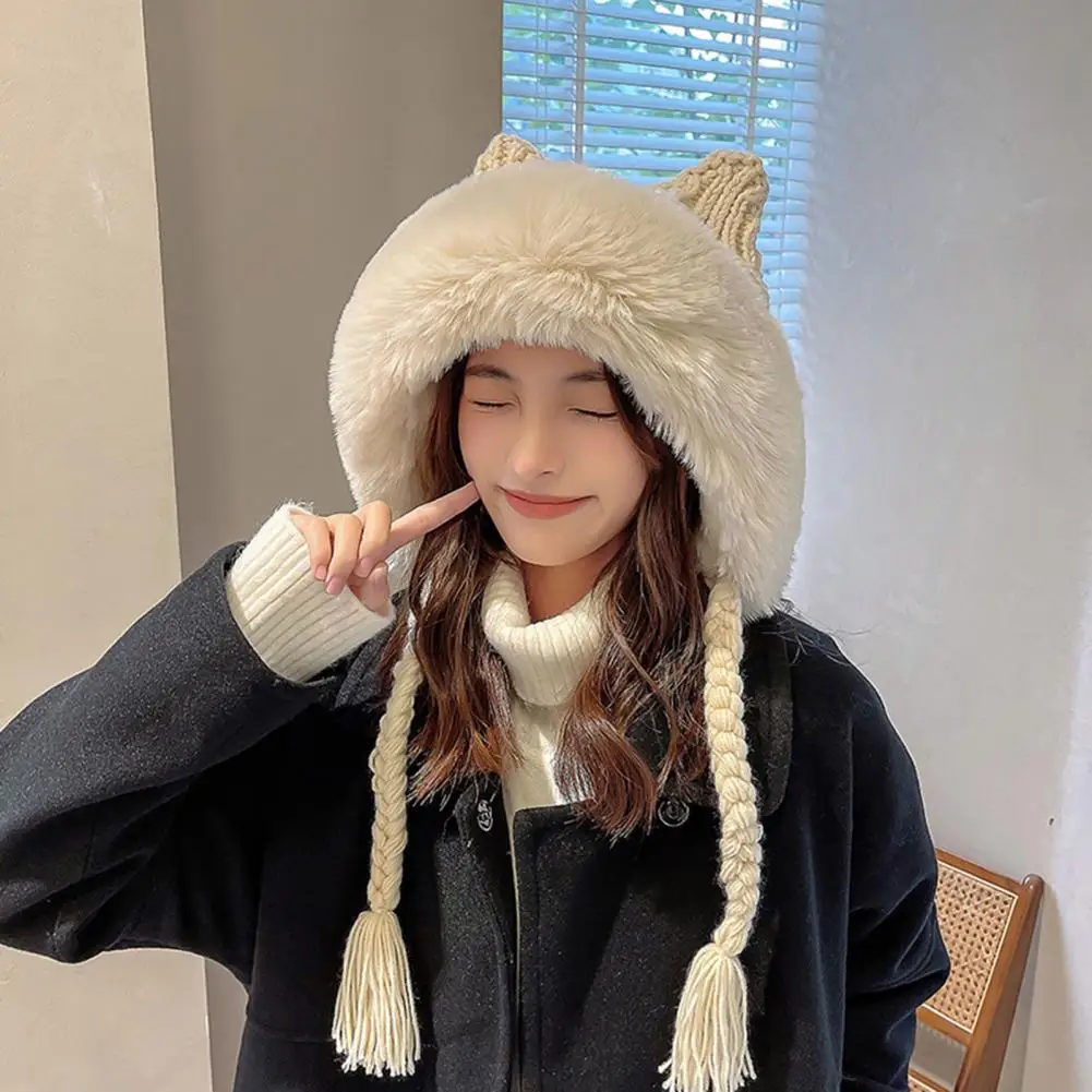 

New Winter Warm Knitted Hat Fur Women Hat with Earflap Two Balls Lady Outdoor Thicken Plush Fluffy Cap Russian Hats for Women