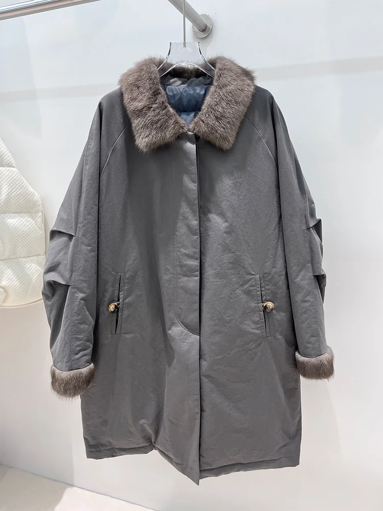 2025 Winter Women Warm Goose Down Jacket Natrual Real Muskrat Mink Fur Collar Coat Luxury Thick Female Cusual Outwear