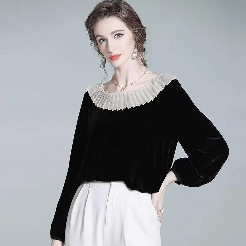 Spring and Autumn Simple Pure Color Doll Neck French Socialite Temperament Base Shirt T-Shirt for Women