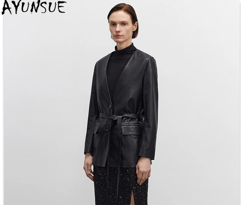 AYUNSUE Natürliche Schaffell Echtes Leder Jacke Frauen Mode Schwarz Frauen Jacken Frühling Herbst Kleidung Gürtel Jaqueta Couro