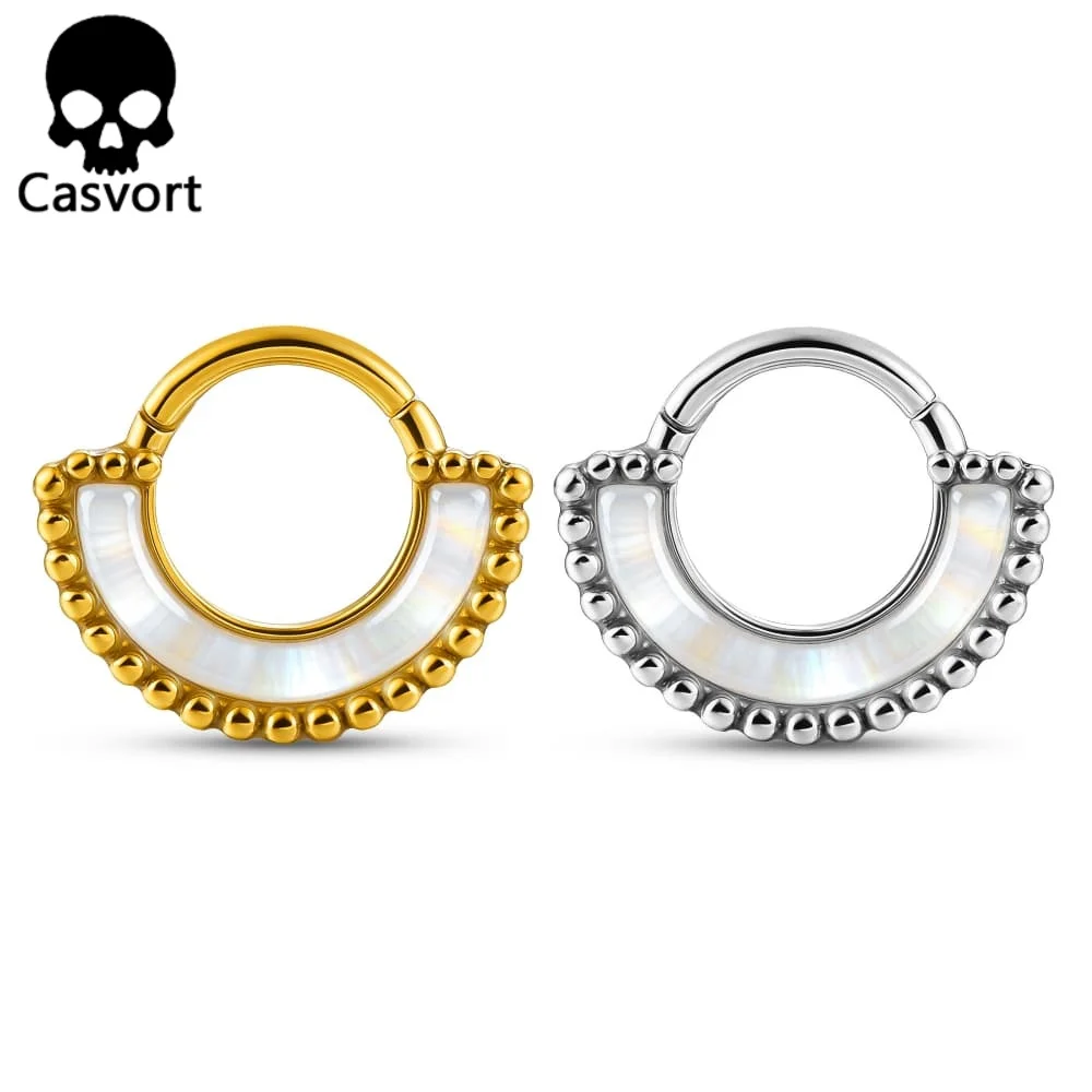 Casvort 1PC Stainless Steel Shell Nose Ring 16G 8mm Hinged Segment Clicker Hoop Beaded Edge Septum Piercing Body Jewelry
