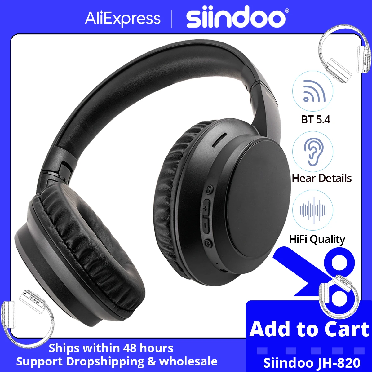 Siindoo JH-820 Wireless Bluetooth Headphones, 60H Playtime,3 EQ Sound Modes,Newest Foldable Lightweight BT 5.4 for Travel Study