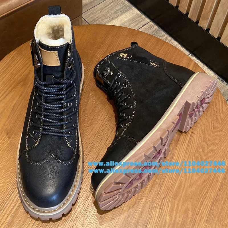 

Black/brown Leather Snow Boots Men's Sheepskin Fur Integrated Winter Warm Plush Thick Cotton Boot Trendy Handmade Men's Boots
