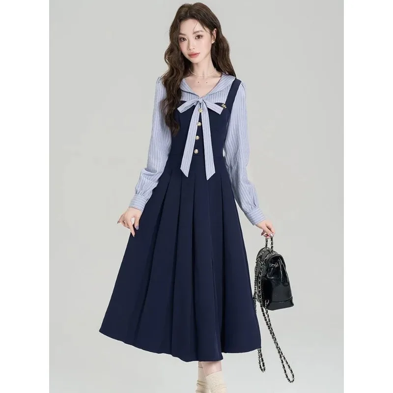 أوائل الخريف جديد النمط الفرنسي فستان بأكمام طويلة المرأة تقسم تنورة طويلة