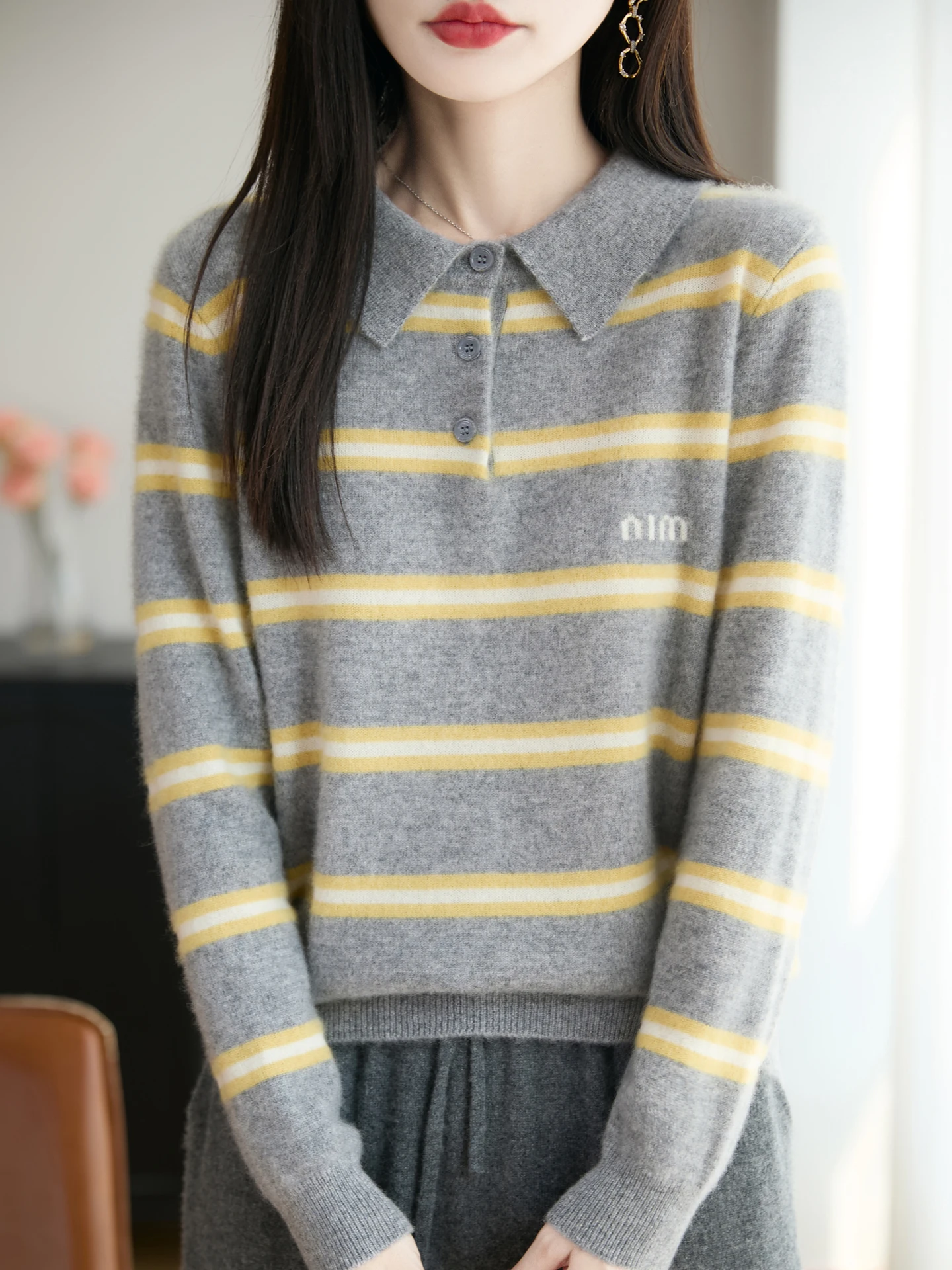 100% Merino Wool Women's Lapel Pullover Embroidered Autumn Winter Casual Fashion Striped Knitted Sweater