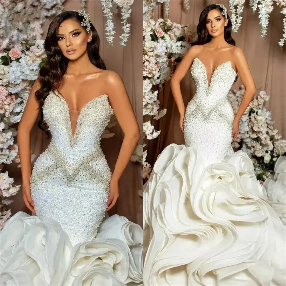 

Gorgeous Wedding Dresses Sweetheart Beads Appliques Lace Mermaid Bridal Gowns Custom Made Backless Sweep Train Robes